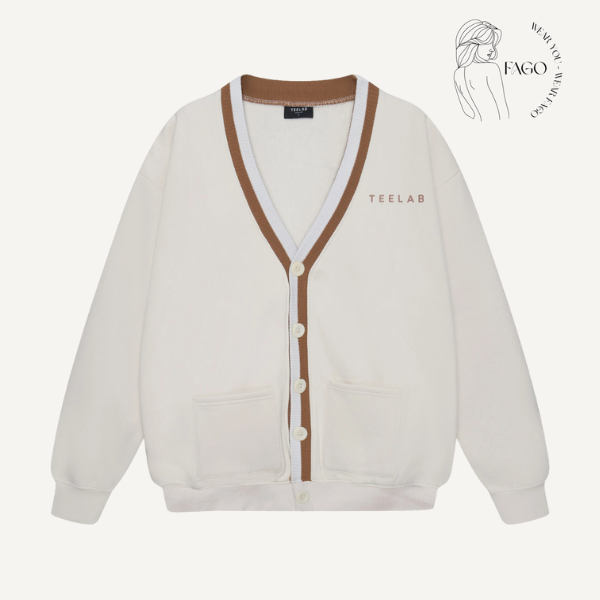 Cardigan trắng viền nâu giữ ấm 