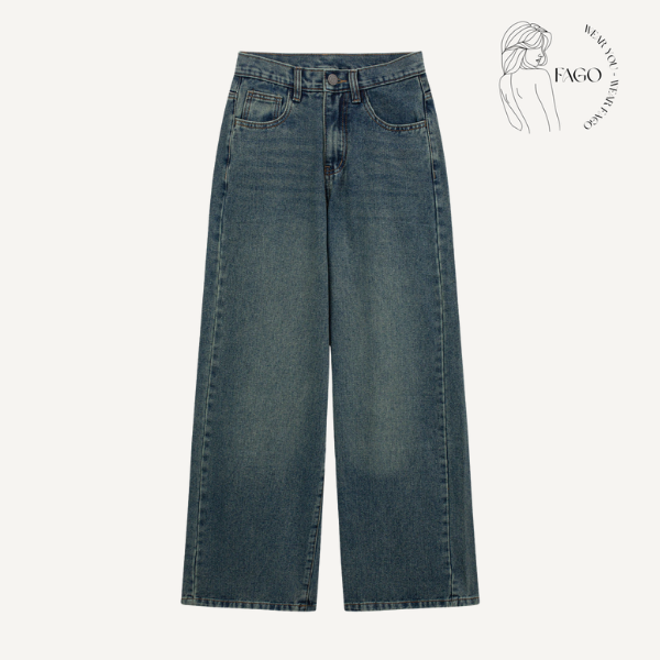 Quần jeans ống rộng xanh wash cá tính -L